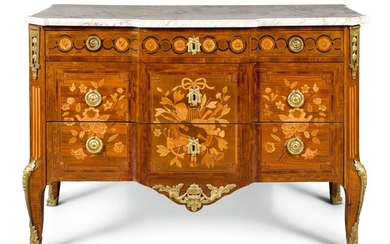 A TRANSITIONAL KINGWOOD, ROSEWOOD AND MARQUETRY COMMODE