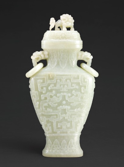 A VERY LARGE WHITE JADE ARCHAISTIC VASE AND COVER QING DYNASTY, 19TH CENTURY