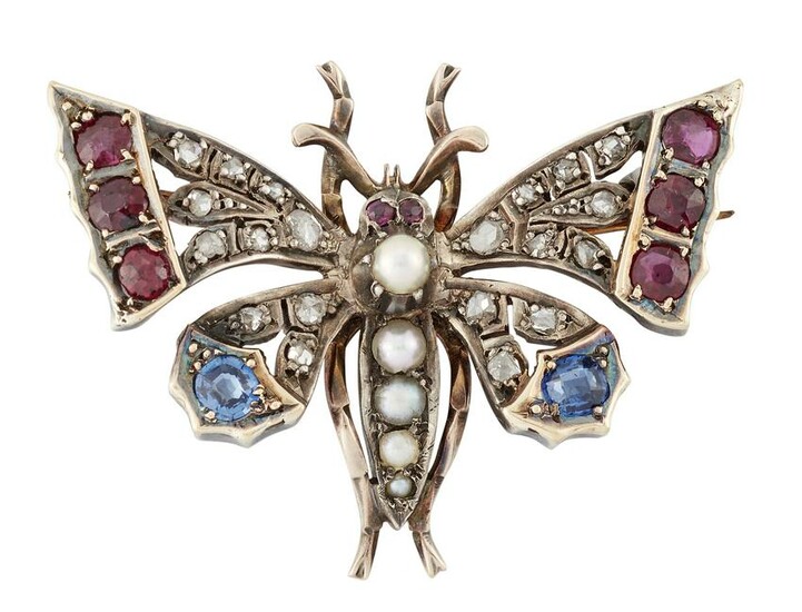A VICTORIAN RUBY, SAPPHIRE, PEARL AND DIAMOND BUTTERFLY