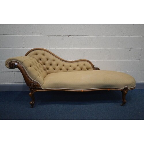 A VICTORIAN WALNUT CHAISE LONGUE, with buttoned upholstery, ...