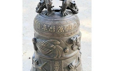 A Very Fine Chinese Bronze Bell WIth Six Character Mark & Calligraphy, Bronze Temple Bell