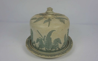 A Victorian Jasperware cheese dome and dish, late 19th century, in style of Adams Tunstall