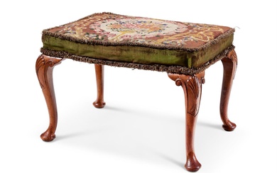 A WALNUT AND TAPESTRY UPHOLSTERED STOOL IN THE GEORGE II STYLE, 20TH CENTURY
