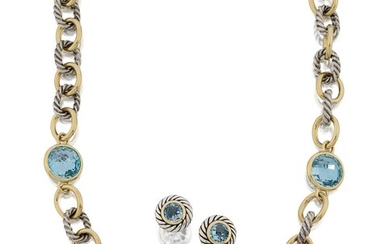 A bi-coloured chain link necklace and ear studs, the necklace with alternating rope twist and plain links to three collet-set circular blue briolette gems, approx. length 44.5cm, the earrings with blue gems within rope twist border, post fittings...