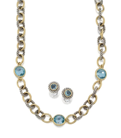 A bi-coloured chain link necklace and ear studs, the necklace with alternating rope twist and plain links to three collet-set circular blue briolette gems, approx. length 44.5cm, the earrings with blue gems within rope twist border, post fittings...