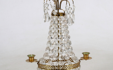 A brass table chandelier, prisms, 20th century.