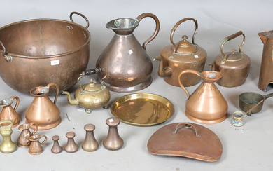 A collection of mainly 19th century copper wares, including a large twin-handled bowl, diameter 48cm