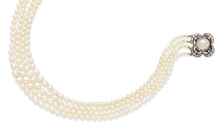 A cultured pearl necklace with a 19th century natural pearl and diamond clasp