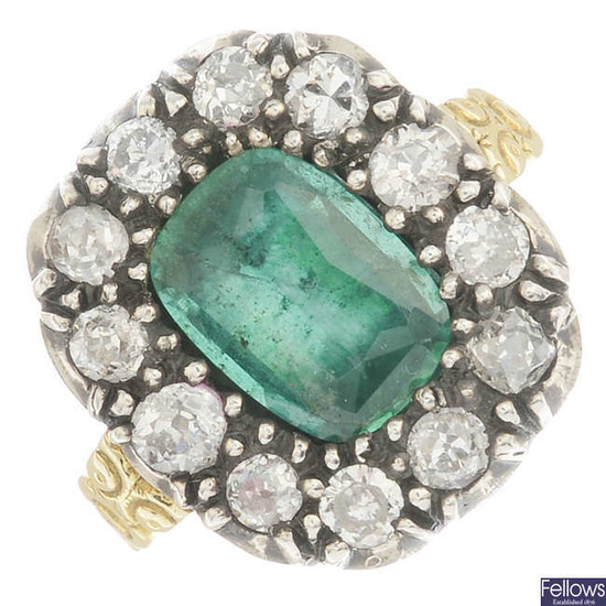 A cushion-shape emerald and old-cut diamond cluster