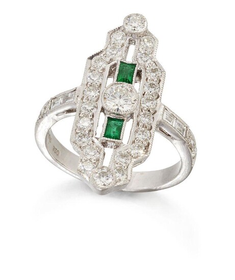 A diamond and emerald panel ring, the central brilliant-cut diamond collet between baguette-cut emerald single stones, within a brilliant-cut diamond elongated octagonal frame to baguette and brilliant-cut diamond line shoulders, signed Diafini...