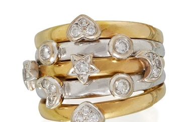 A diamond and two-tone eighteen karat gold ring comprised...