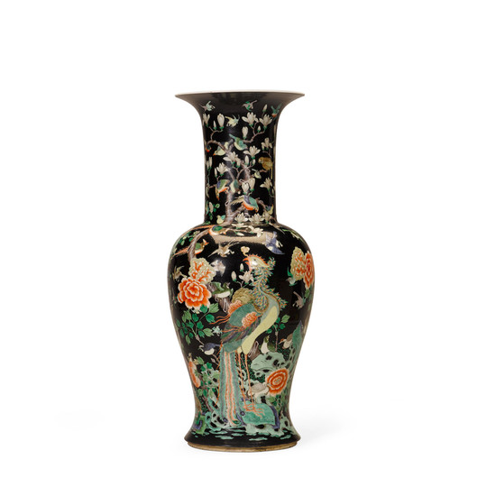 A famille noire enameled 'phoenix tail' vase
