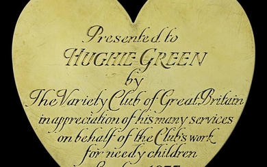 A fine 14ct gold heart-shaped plaque, hand engraved 'Presented to Hughie Green by The Royal Var...