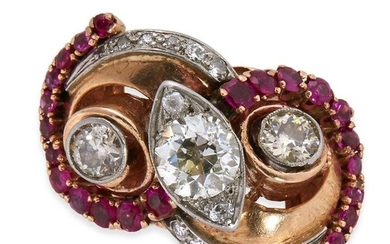 A fourteen karat rose gold, diamond, and ruby ring
