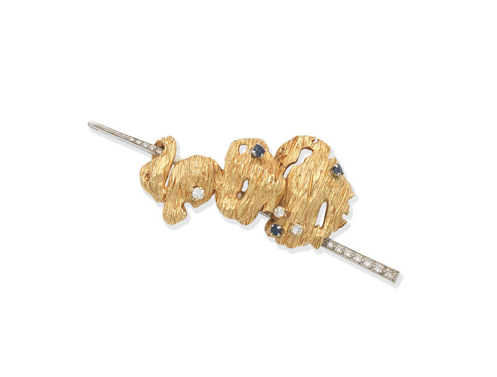 A gold, sapphire and diamond brooch