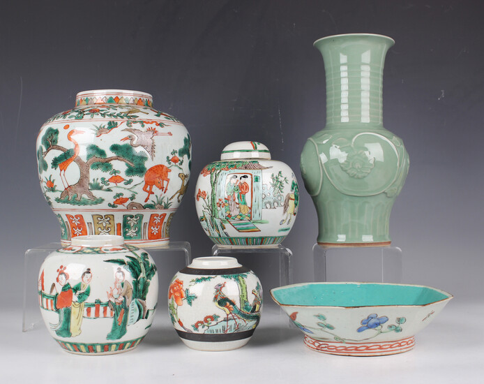 A group of Chinese porcelain, late 19th century and later, including two famille verte ginger jars