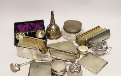 A group of assorted small silver, including a powder jar, tr...