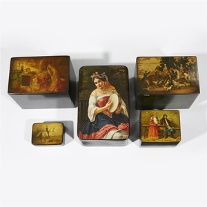 A group of five Russian lacquer boxes Vishnyakov Factory,...