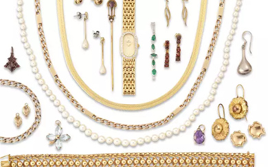 A group of jewellery, including: an emerald and diamond pendant...