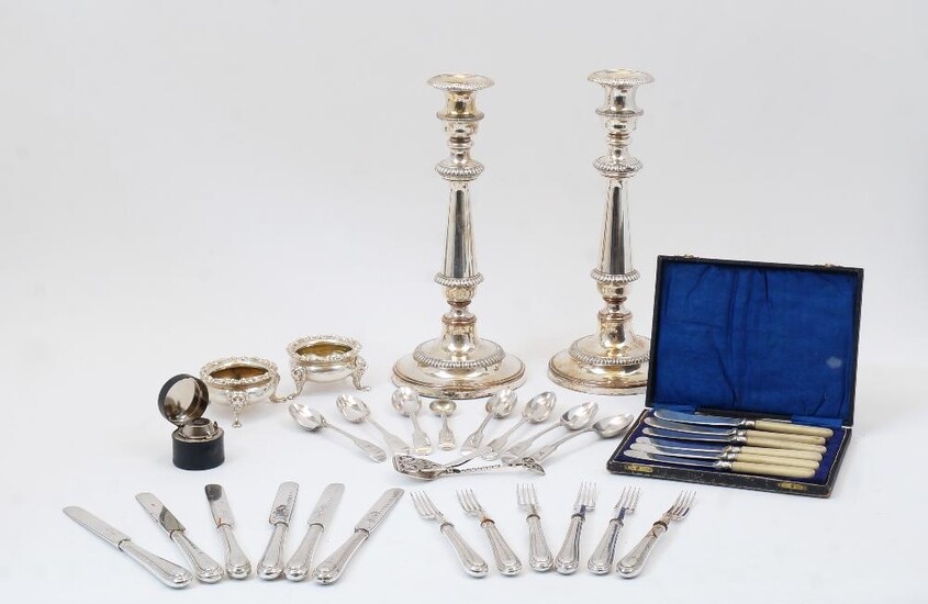 A group of silver plate, comprising: a pair of silver plated candlesticks, with knopped stems and having gadrooned edges, on stepped circular base, 32cm high; six silver plated knives and six silver plated forks; a cased set of six cream handled...
