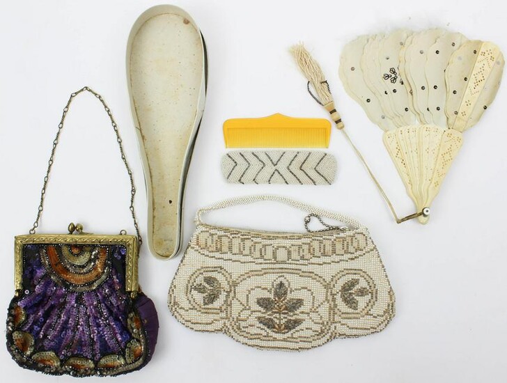 A group of vintage handbags and fan