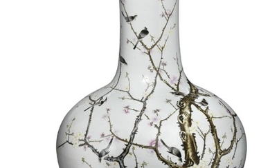 A large Chinese porcelain bottle vase with globe-shaped body, decorated in colours with prunus in blossom and birds. C. 1900. H. 57 cm.
