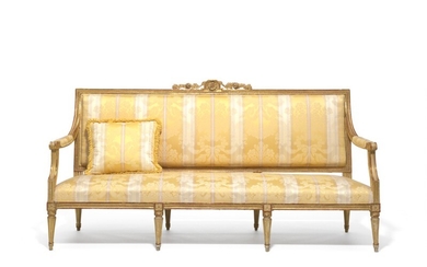 A large Gustavian giltwood sofa. Stockholm, late 18th century. H. 105 cm. L. 200 cm. D. 65 cm.