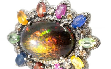 A large opal, coloured sapphire and diamond set silver dress...