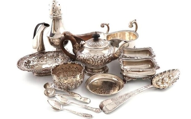 A mixed lot of silver items, various dates and makers, comprising: two sauce boats, a sugar caster, a small teapot, a basket, a pair of salt cellars, a bowl, a pair of berry spoons, a dish, a pair of salt spoons, two further spoons and a Scandinavian...
