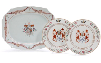 A pair of Chinese export porcelain armorial plates painted in enamel colours...