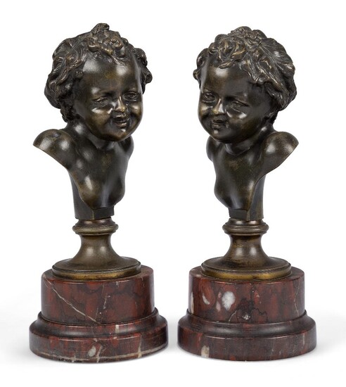 A pair of French bronze busts of children, late 19th century, each on a rouge griotte marble plinth, 25cm high (2) Provenance: with Barnet Antiques, 1980. The Geoffrey and Fay Elliot collection.
