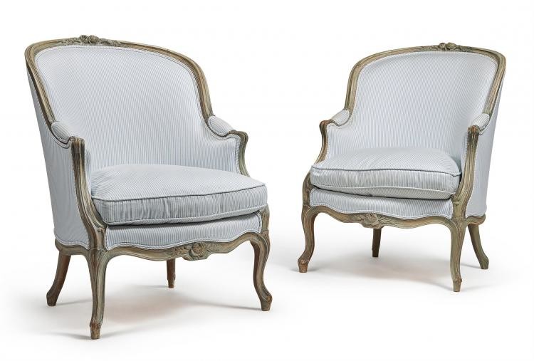 A pair of French grey painted and upholstered armchairs, 20th century