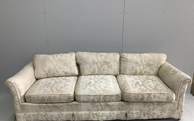 A pair of George III style three seater sofas, width 220cm, ...