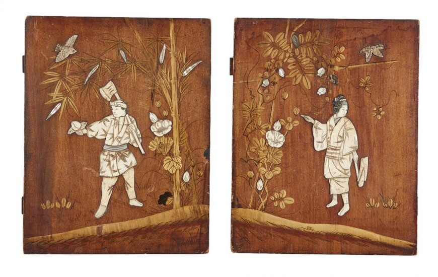 A pair of Japanese Shibayama inlaid wood panels, late 19th...