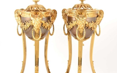A pair of Louis XVI style bronzed and gilt metal cassolettes en athénienne