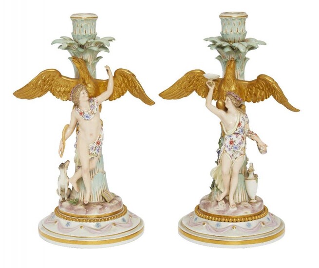 A pair of Meissen porcelain allegorical candlesticks,...
