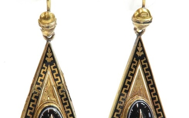 A pair of cased Victorian split pearl, banded agate and enamel drop earrings, c.1870