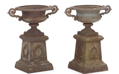 A pair of cast iron garden vases on plinths. The first half...