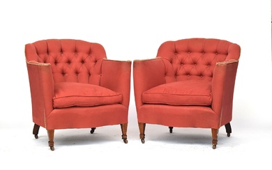 A pair of early 20th century deep button upholstered country...