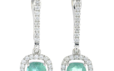 A pair of emerald and brilliant cut diamond earrings.
