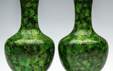 A pair of green cloisonne vases on timber stands (H:27cm)...