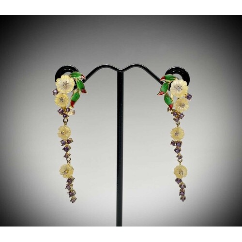 A pair of pendulous earrings with enamelled gold-plated silv...
