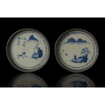 A pair of small blue and white porcelain dishes, with pewter mounts, “Wang Dong Shi Zhao“ mark China, 19th century...