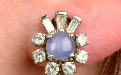 A pair of star sapphire and vari-cut diamond cluster earrings.