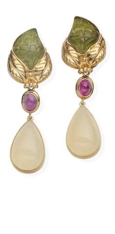 A pair of tourmaline earrings, together with a pair of pink tourmaline and Mexican opal pendants and a pair of moonstone pendants