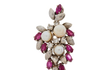 A pearl, ruby and diamond foliate pendant, estimated total d...