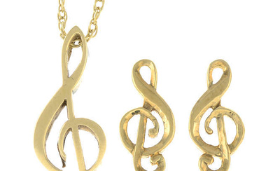A set of 9ct gold jewellery, each depicting a treble clef, comprising a pendant with chain and a pair of earrings.