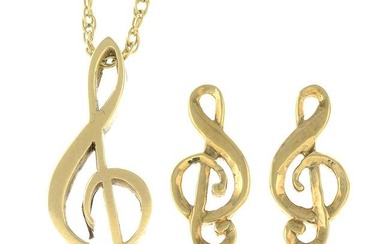 A set of 9ct gold jewellery, each depicting a treble clef, comprising a pendant with chain and a