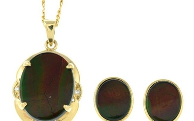 A set of ammolite jewellery, comprising a 14ct gold pendant with chain and a pair of stud earrings.