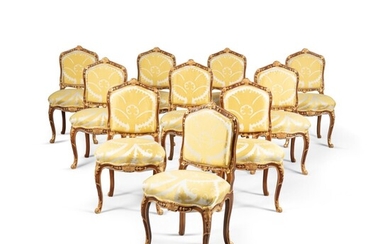 A set of ten Louis XV parcel-gilt beechwood dining chairs, comprising ten side chairs and two fauteuils | Suite de dix chaises de salle à manger en hêtre rechampé or, de style Louis XV, comprenant dix chaises et deux fauteuils